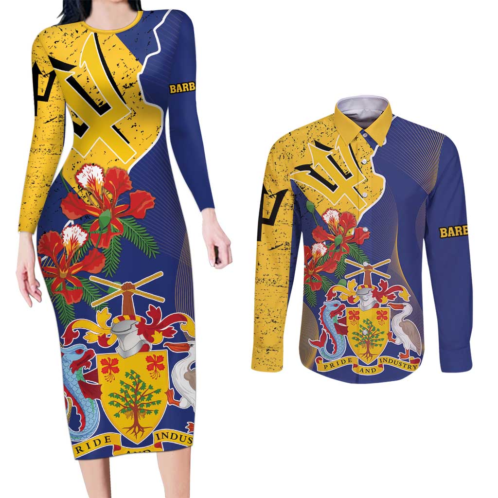 Barbados Coat Of Arms Couples Matching Long Sleeve Bodycon Dress and Long Sleeve Button Shirt With Dwarf Poinciana Flowers - Wonder Print Shop