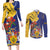 Barbados Coat Of Arms Couples Matching Long Sleeve Bodycon Dress and Long Sleeve Button Shirt With Dwarf Poinciana Flowers - Wonder Print Shop