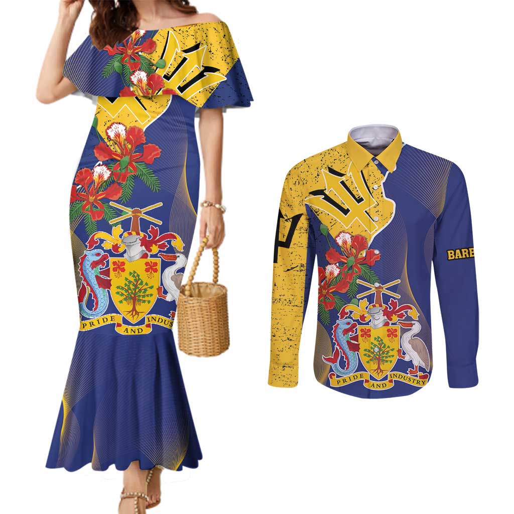 Barbados Coat Of Arms Couples Matching Mermaid Dress and Long Sleeve Button Shirt With Dwarf Poinciana Flowers