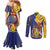 Barbados Coat Of Arms Couples Matching Mermaid Dress and Long Sleeve Button Shirt With Dwarf Poinciana Flowers