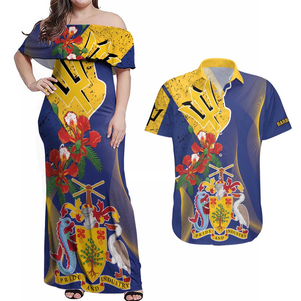 Barbados Coat Of Arms Couples Matching Off Shoulder Maxi Dress and Hawaiian Shirt With Dwarf Poinciana Flowers - Wonder Print Shop