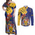 Barbados Coat Of Arms Couples Matching Off Shoulder Maxi Dress and Long Sleeve Button Shirt With Dwarf Poinciana Flowers - Wonder Print Shop