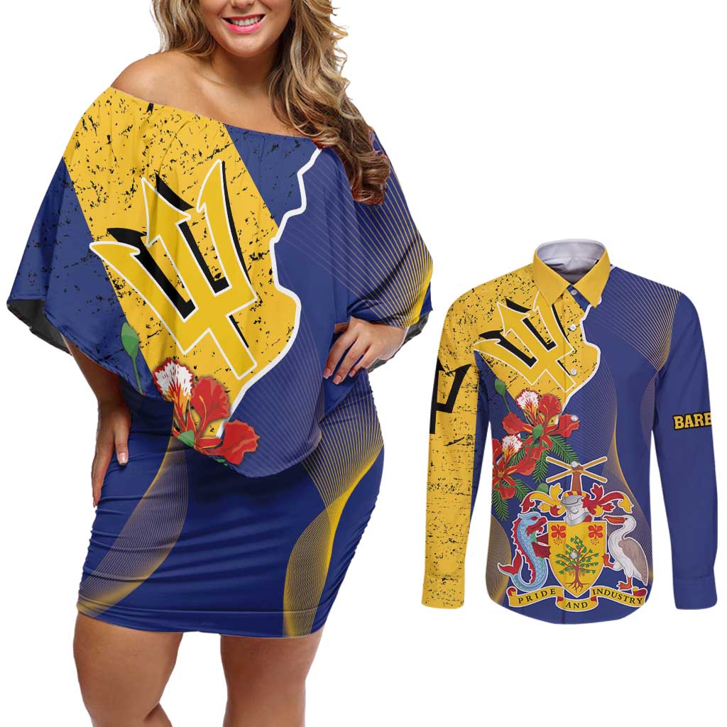 Barbados Coat Of Arms Couples Matching Off Shoulder Short Dress and Long Sleeve Button Shirt With Dwarf Poinciana Flowers - Wonder Print Shop