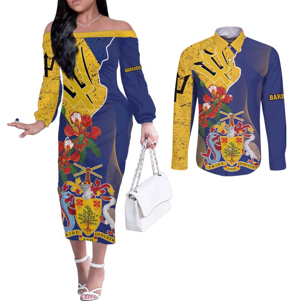 Barbados Coat Of Arms Couples Matching Off The Shoulder Long Sleeve Dress and Long Sleeve Button Shirt With Dwarf Poinciana Flowers