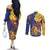 Barbados Coat Of Arms Couples Matching Off The Shoulder Long Sleeve Dress and Long Sleeve Button Shirt With Dwarf Poinciana Flowers