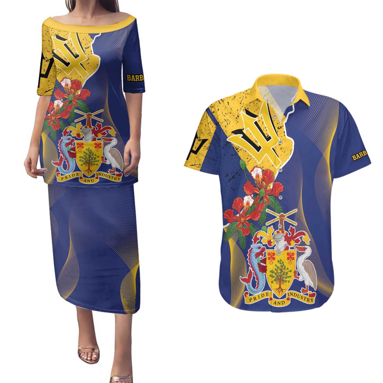 Barbados Coat Of Arms Couples Matching Puletasi and Hawaiian Shirt With Dwarf Poinciana Flowers - Wonder Print Shop