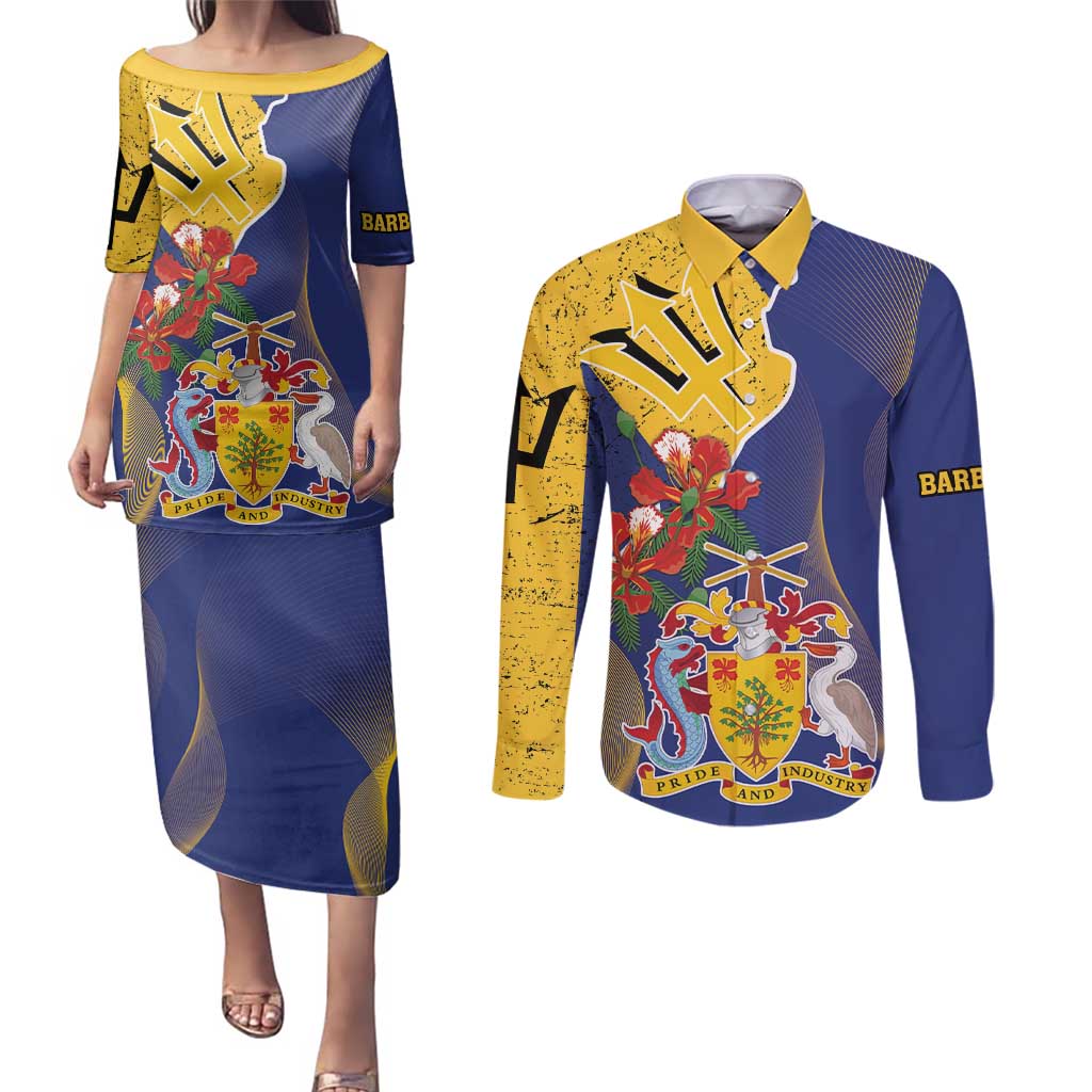 Barbados Coat Of Arms Couples Matching Puletasi and Long Sleeve Button Shirt With Dwarf Poinciana Flowers - Wonder Print Shop