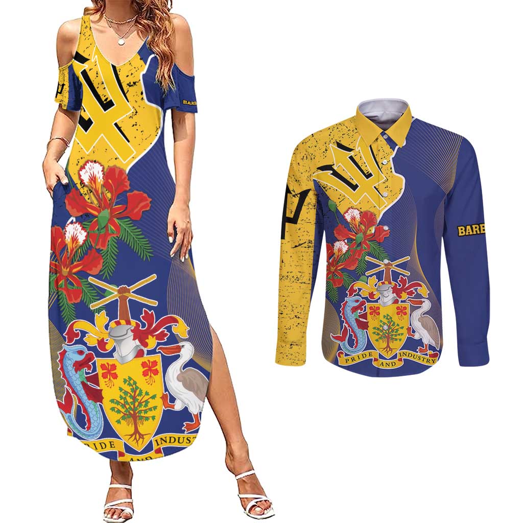 Barbados Coat Of Arms Couples Matching Summer Maxi Dress and Long Sleeve Button Shirt With Dwarf Poinciana Flowers - Wonder Print Shop