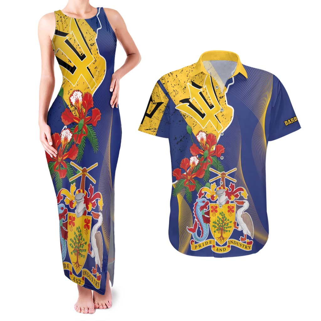 Barbados Coat Of Arms Couples Matching Tank Maxi Dress and Hawaiian Shirt With Dwarf Poinciana Flowers - Wonder Print Shop