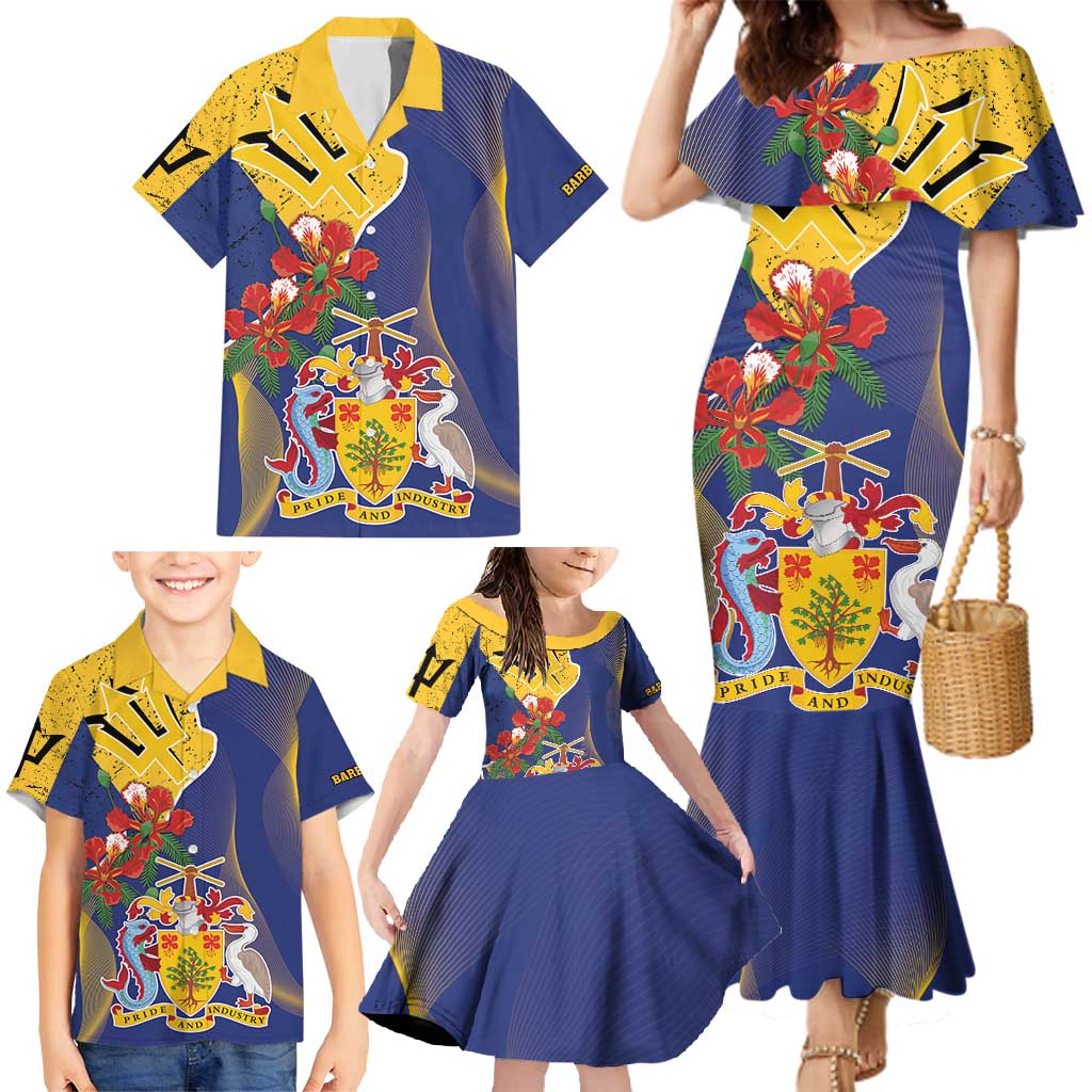 Barbados Coat Of Arms Family Matching Mermaid Dress and Hawaiian Shirt With Dwarf Poinciana Flowers - Wonder Print Shop