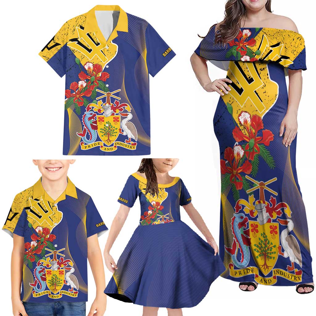 Barbados Coat Of Arms Family Matching Off Shoulder Maxi Dress and Hawaiian Shirt With Dwarf Poinciana Flowers - Wonder Print Shop