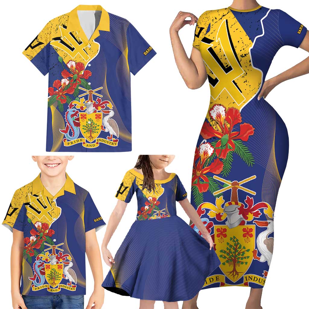 Barbados Coat Of Arms Family Matching Short Sleeve Bodycon Dress and Hawaiian Shirt With Dwarf Poinciana Flowers - Wonder Print Shop