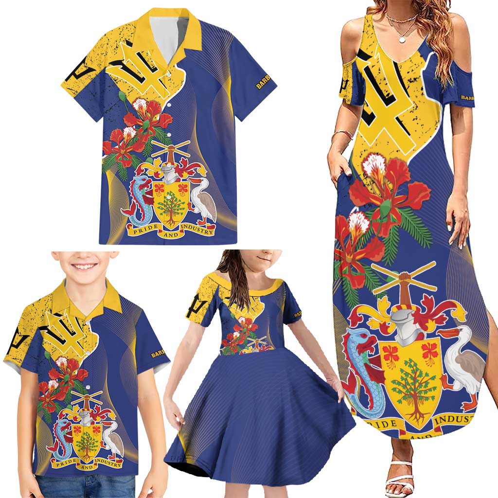 Barbados Coat Of Arms Family Matching Summer Maxi Dress and Hawaiian Shirt With Dwarf Poinciana Flowers - Wonder Print Shop