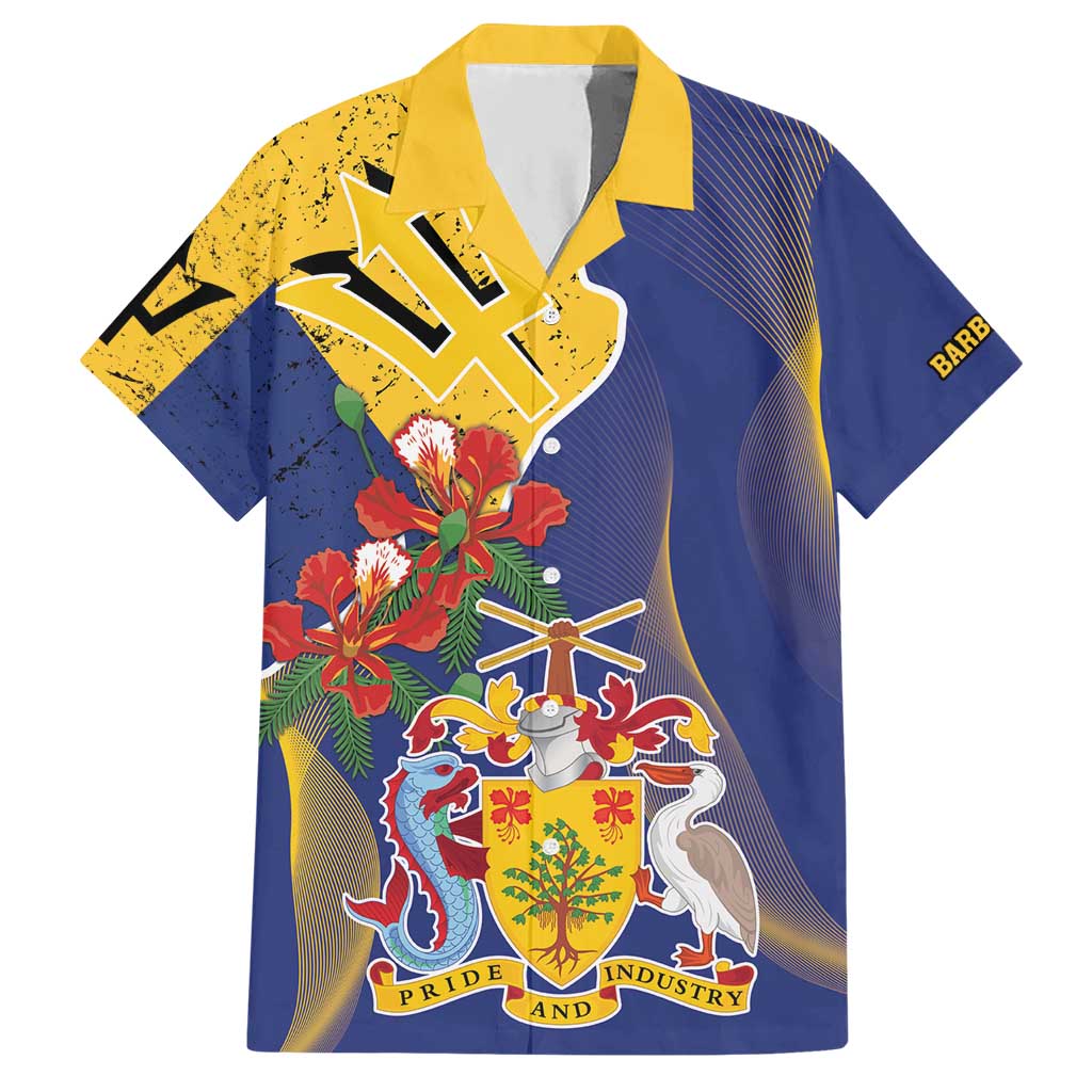 Barbados Coat Of Arms Hawaiian Shirt With Dwarf Poinciana Flowers - Wonder Print Shop