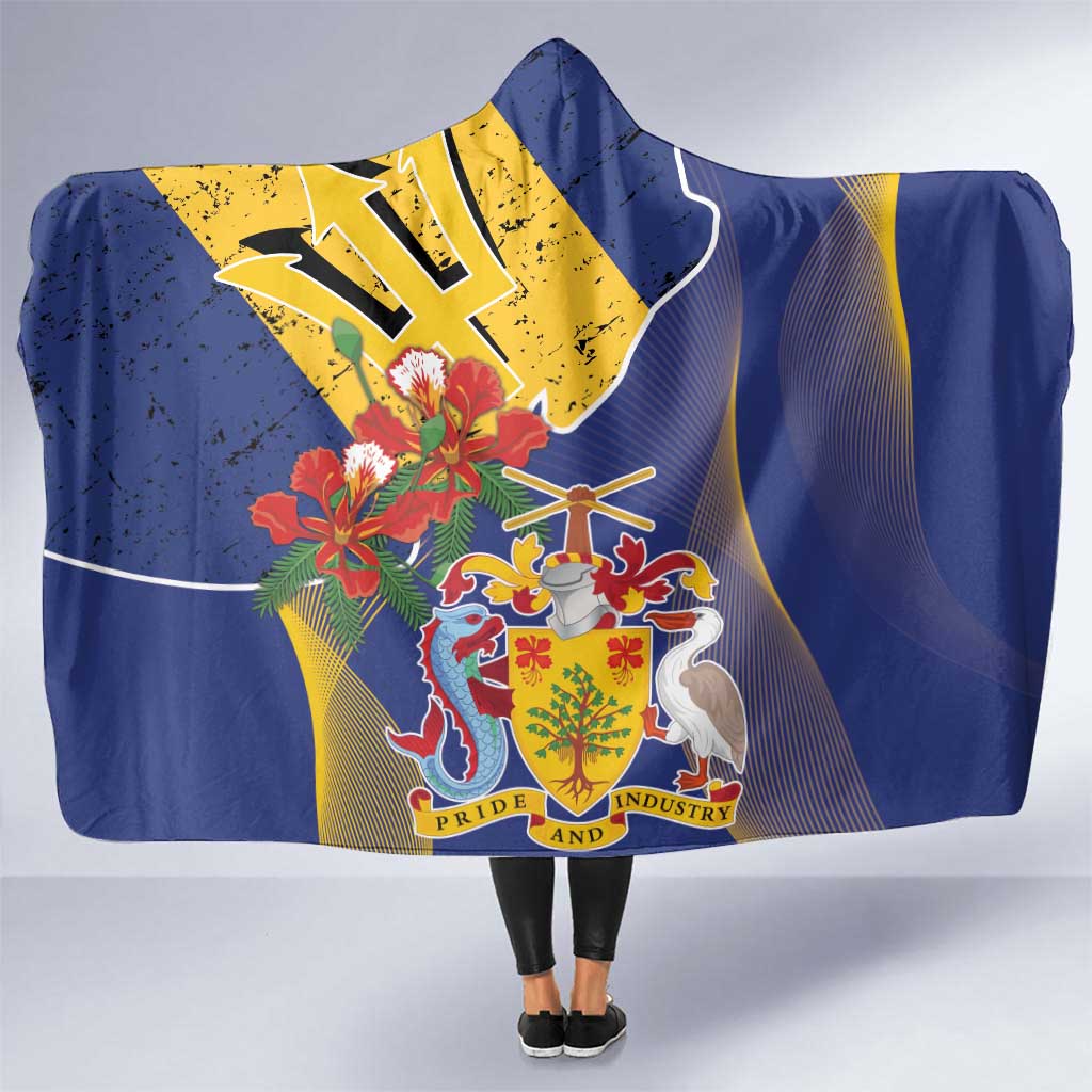 Barbados Coat Of Arms Hooded Blanket With Dwarf Poinciana Flowers