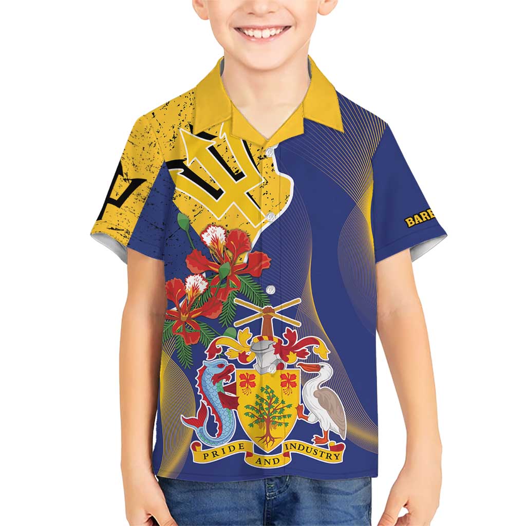 Barbados Coat Of Arms Kid Hawaiian Shirt With Dwarf Poinciana Flowers - Wonder Print Shop