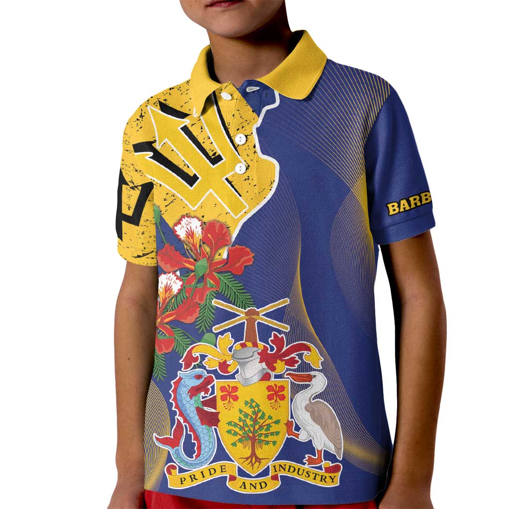 Barbados Coat Of Arms Kid Polo Shirt With Dwarf Poinciana Flowers - Wonder Print Shop