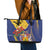 Barbados Coat Of Arms Leather Tote Bag With Dwarf Poinciana Flowers - Wonder Print Shop