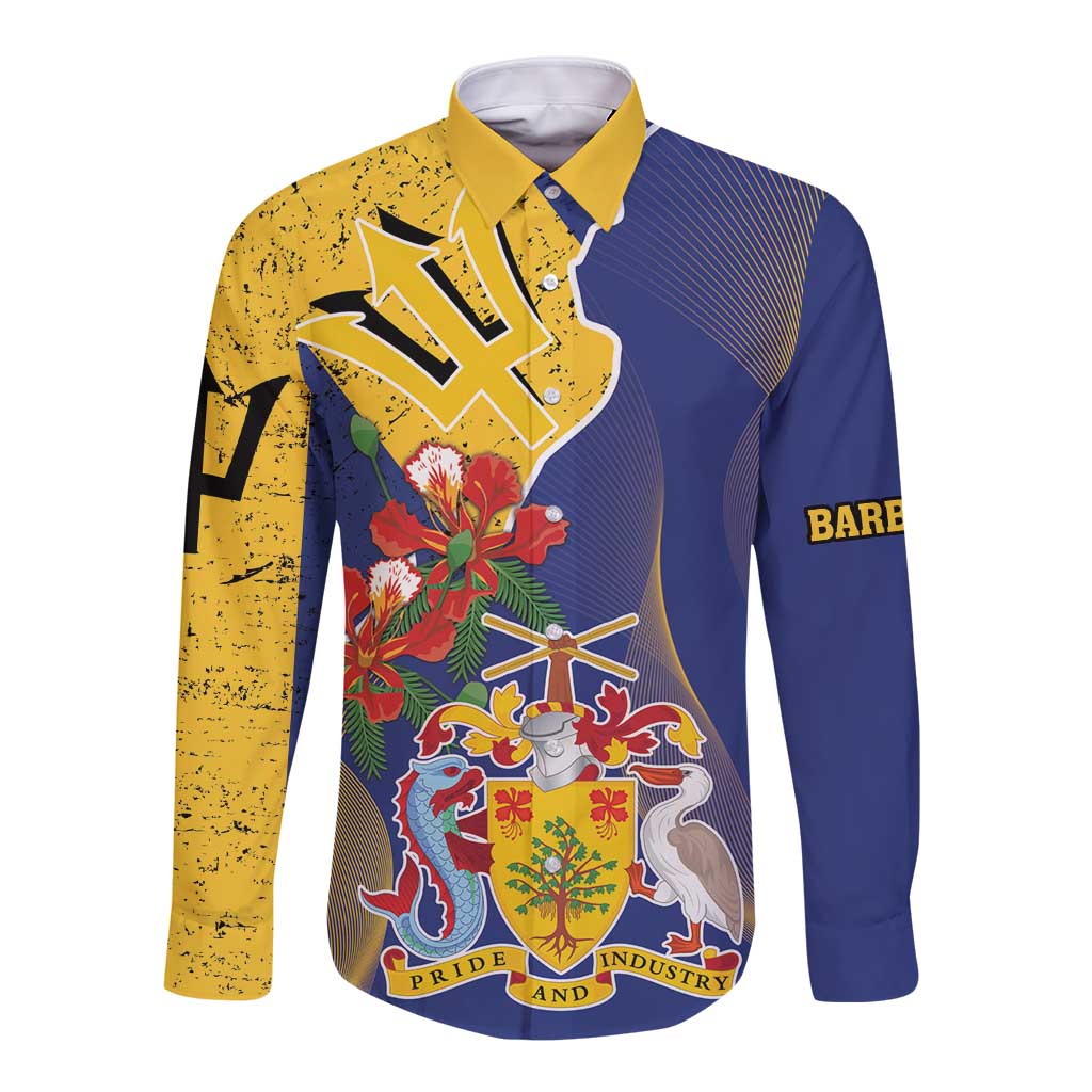 Blue and yellow long-sleeve button shirt with Barbados crest and flowers, front