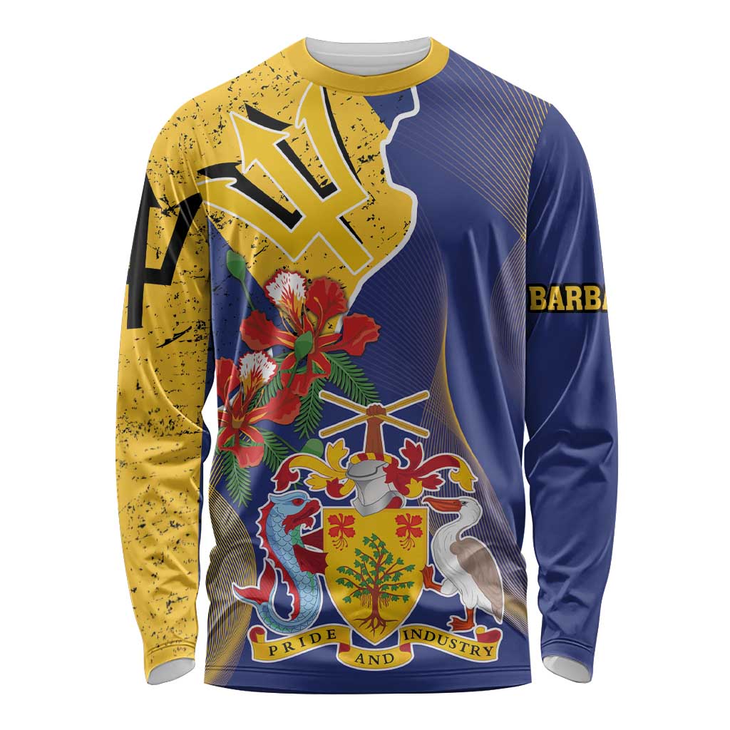 Barbados Coat Of Arms Long Sleeve Shirt With Dwarf Poinciana Flowers - Wonder Print Shop