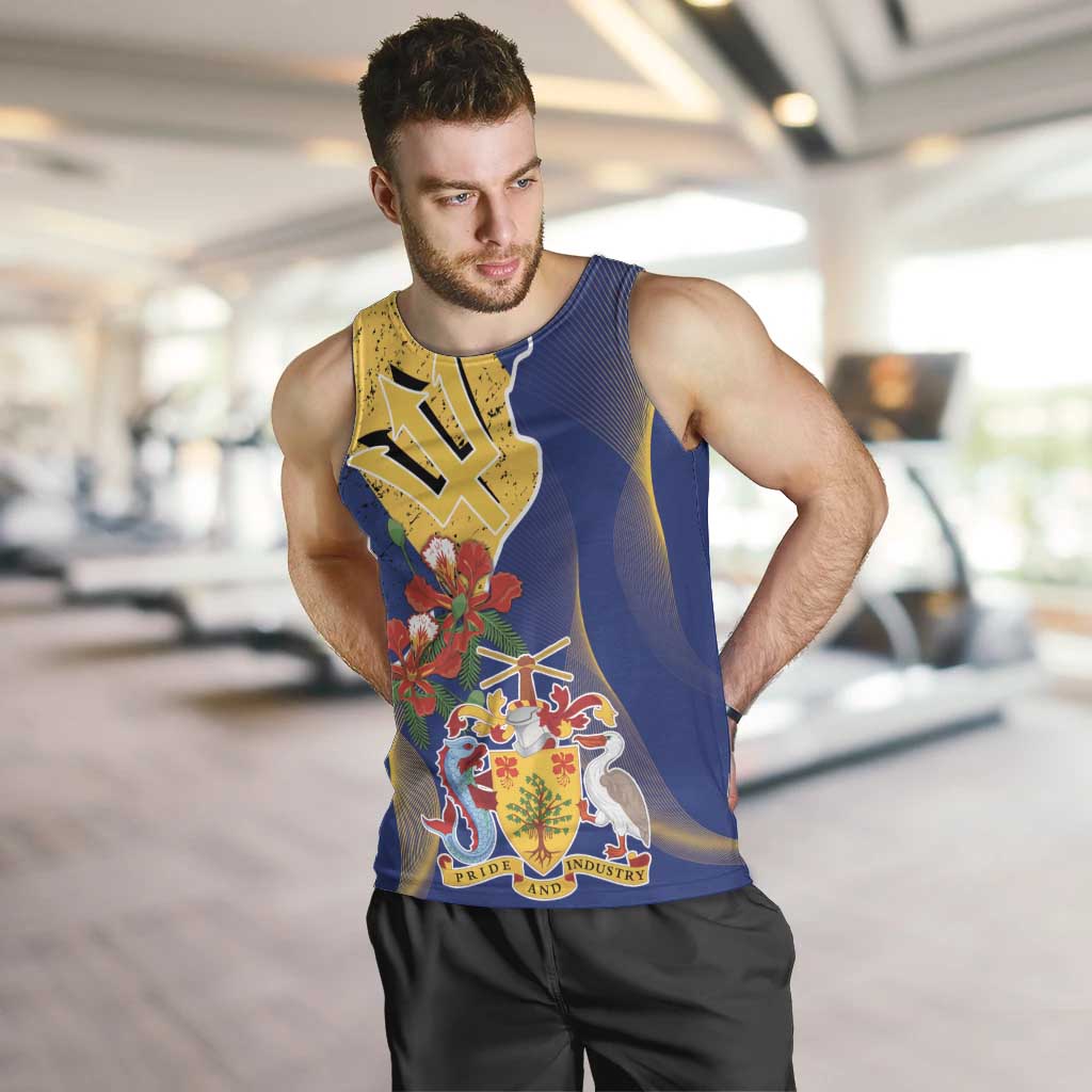 Barbados Coat Of Arms Men Tank Top With Dwarf Poinciana Flowers - Wonder Print Shop