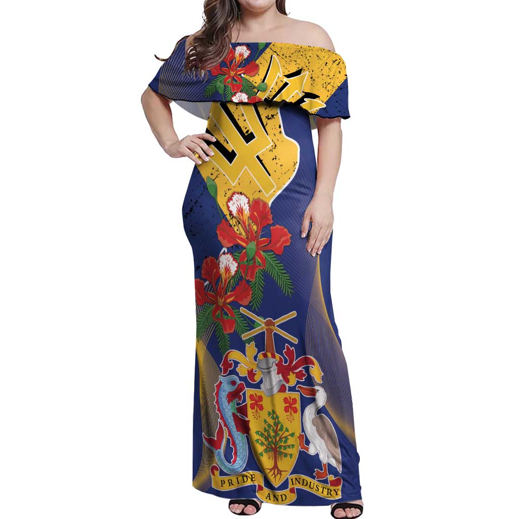 Barbados Coat Of Arms Off Shoulder Maxi Dress With Dwarf Poinciana Flowers - Wonder Print Shop