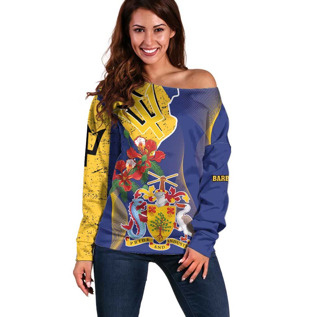 Barbados Coat Of Arms Off Shoulder Sweater With Dwarf Poinciana Flowers - Wonder Print Shop