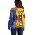 Barbados Coat Of Arms Off Shoulder Sweater With Dwarf Poinciana Flowers - Wonder Print Shop