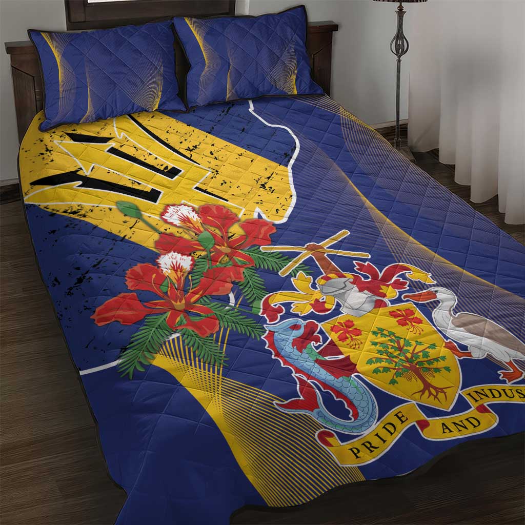 Barbados Coat Of Arms Quilt Bed Set With Dwarf Poinciana Flowers - Wonder Print Shop