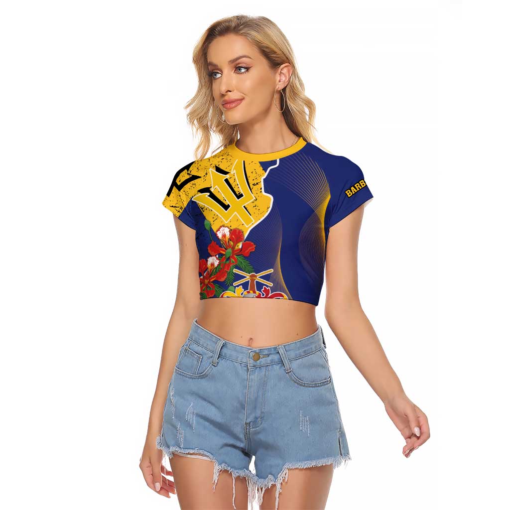 Barbados Coat Of Arms Raglan Cropped T Shirt With Dwarf Poinciana Flowers - Wonder Print Shop