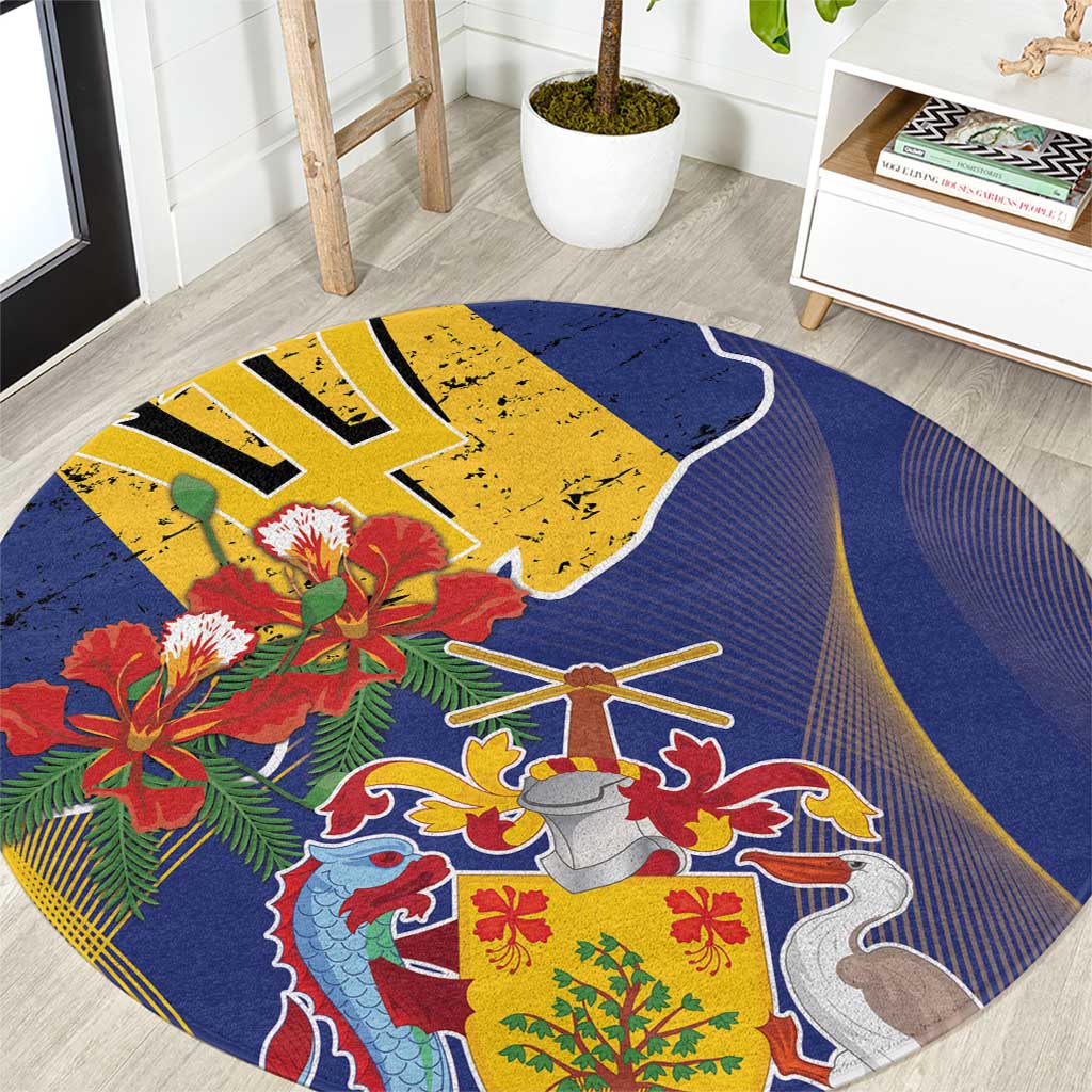 Barbados Coat Of Arms Round Carpet With Dwarf Poinciana Flowers