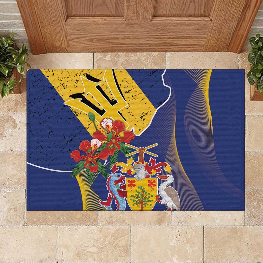 Barbados Coat Of Arms Rubber Doormat With Dwarf Poinciana Flowers - Wonder Print Shop