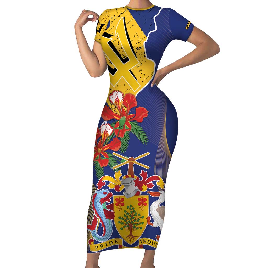 Barbados Coat Of Arms Short Sleeve Bodycon Dress With Dwarf Poinciana Flowers - Wonder Print Shop