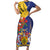 Barbados Coat Of Arms Short Sleeve Bodycon Dress With Dwarf Poinciana Flowers - Wonder Print Shop