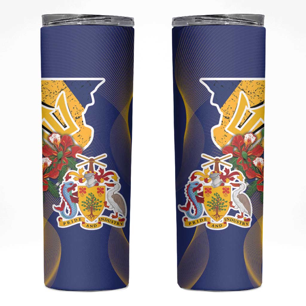 Barbados Coat Of Arms Skinny Tumbler With Dwarf Poinciana Flowers - Wonder Print Shop