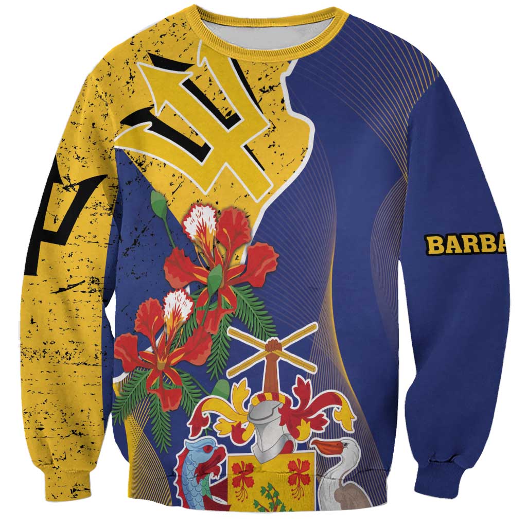 Barbados Coat Of Arms Sweatshirt With Dwarf Poinciana Flowers - Wonder Print Shop