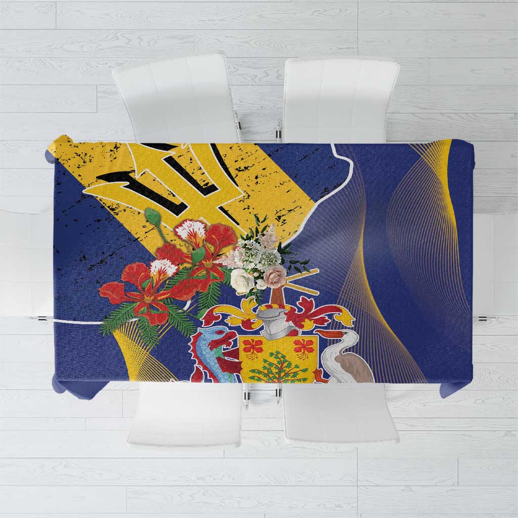 Blue tablecloth with yellow crest, Pride and Industry emblem, and multicolor flowers