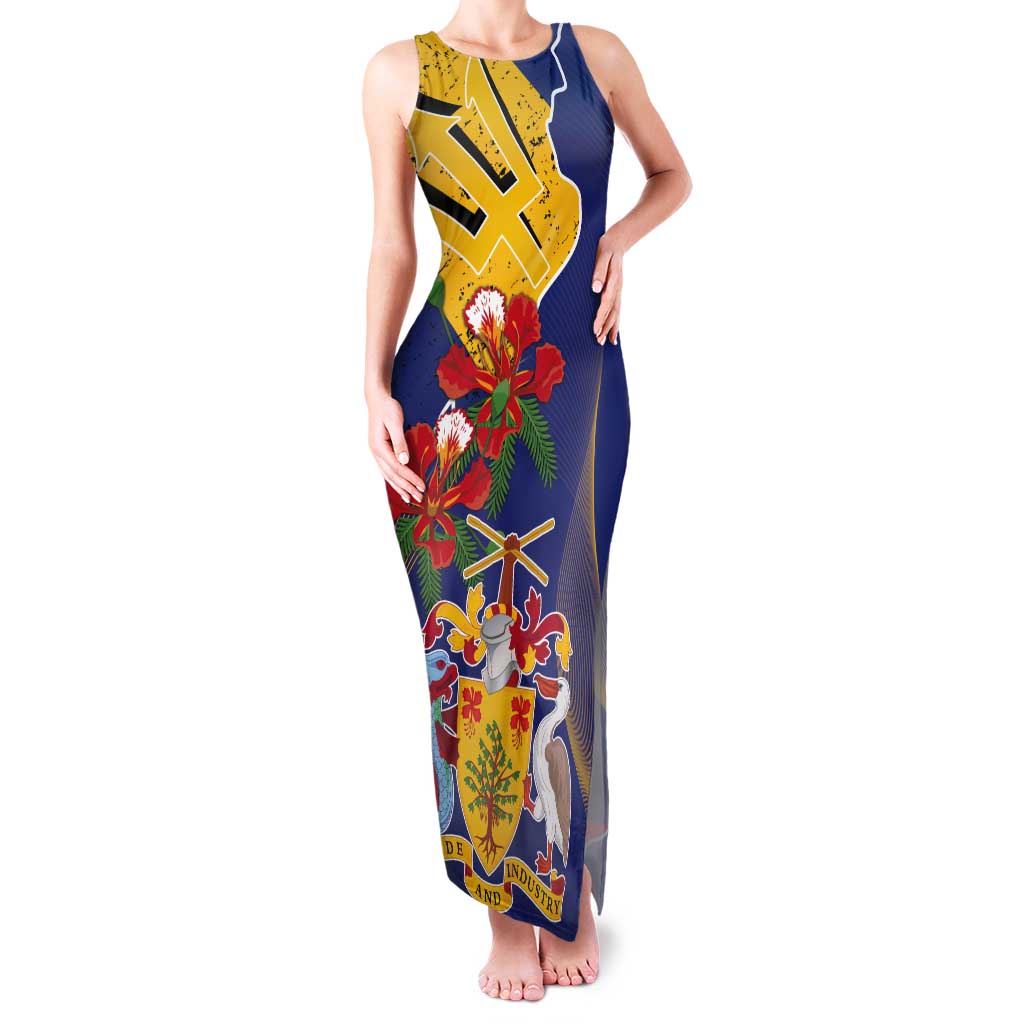 Barbados Coat Of Arms Tank Maxi Dress With Dwarf Poinciana Flowers - Wonder Print Shop