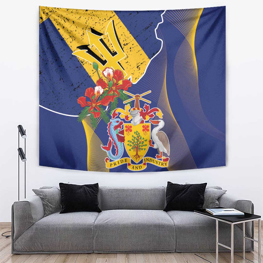 Blue Barbados coat of arms tapestry with red poinciana-style flowers