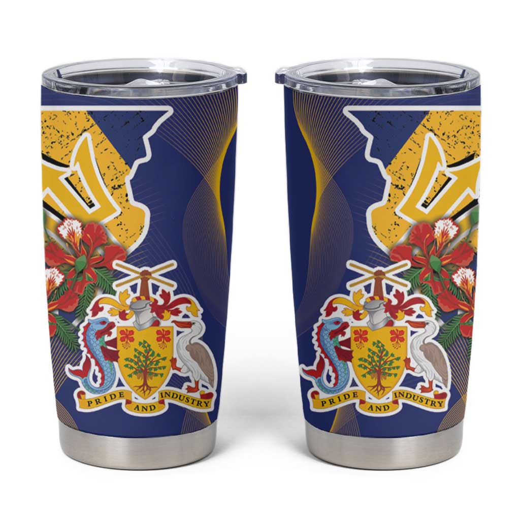 Barbados Coat Of Arms Tumbler Cup With Dwarf Poinciana Flowers - Wonder Print Shop