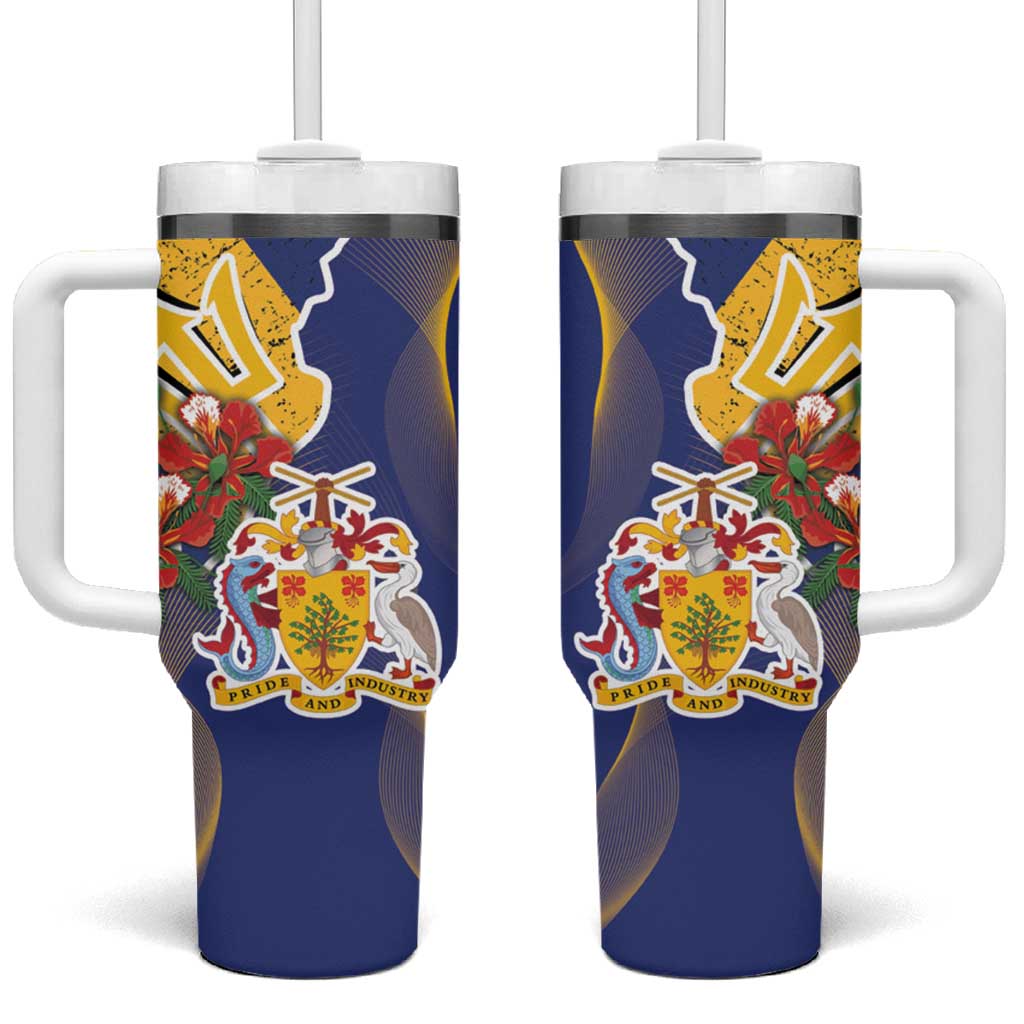 Barbados Coat Of Arms Tumbler With Handle With Dwarf Poinciana Flowers - Wonder Print Shop