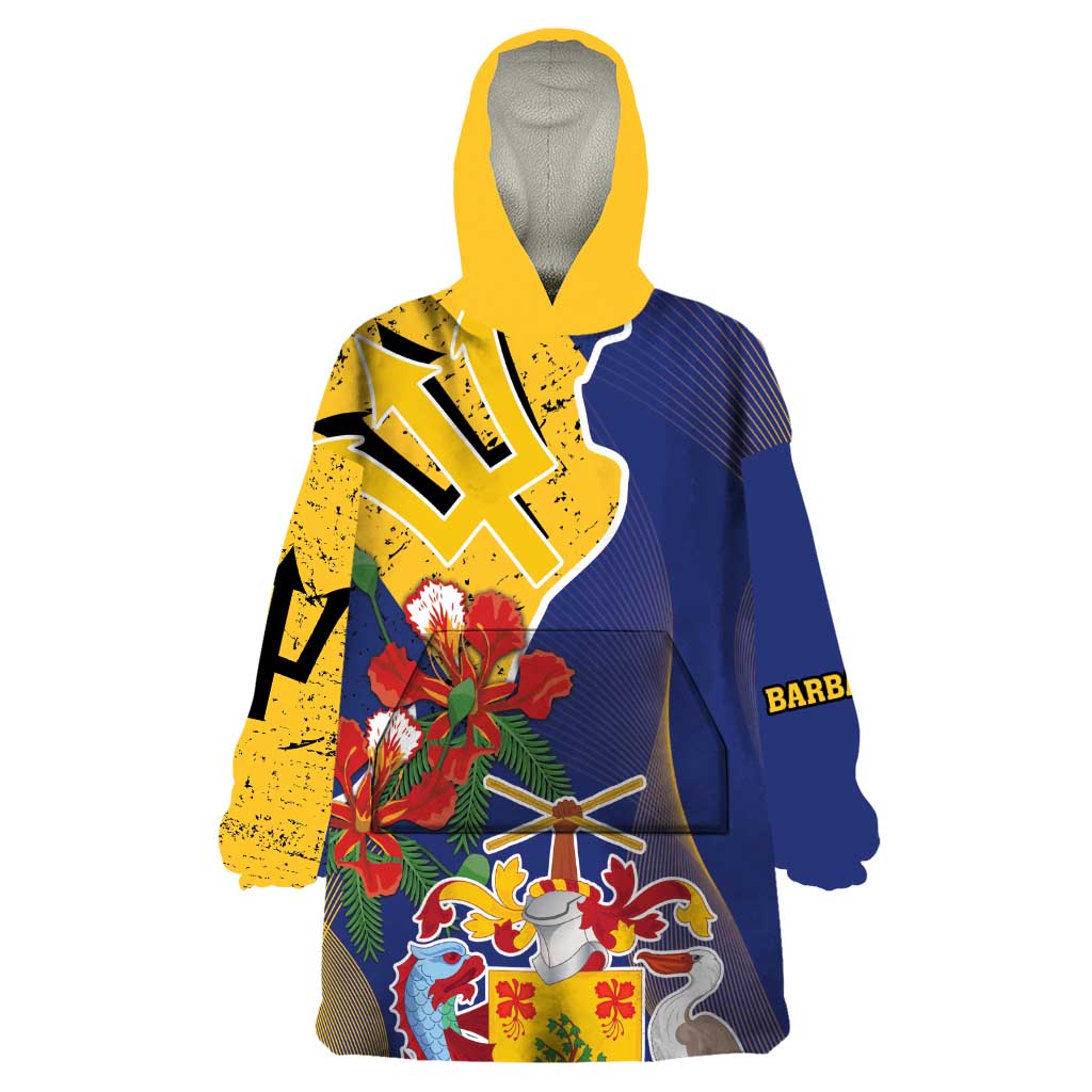 Barbados Coat Of Arms Wearable Blanket Hoodie With Dwarf Poinciana Flowers - Wonder Print Shop