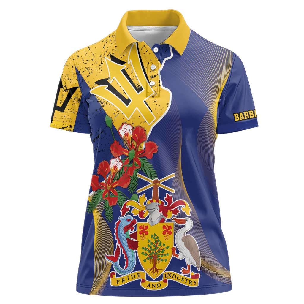 Barbados Coat Of Arms Women Polo Shirt With Dwarf Poinciana Flowers - Wonder Print Shop