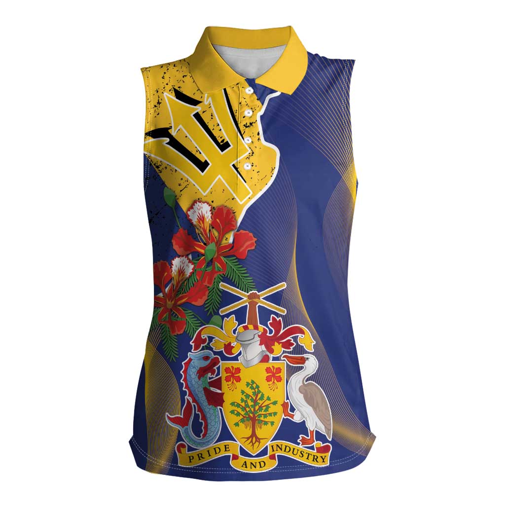 Barbados Coat Of Arms Women Sleeveless Polo Shirt With Dwarf Poinciana Flowers - Wonder Print Shop