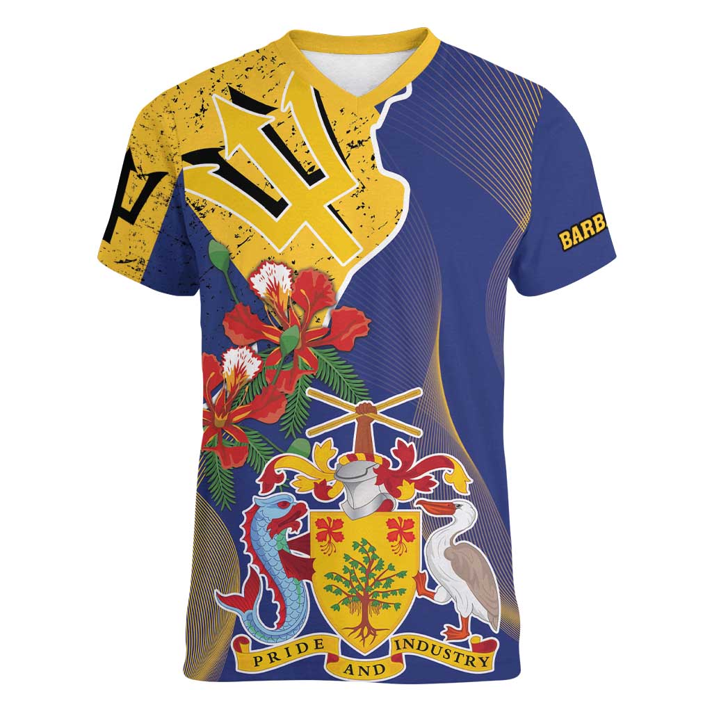 Barbados Coat Of Arms Women V-Neck T-Shirt With Dwarf Poinciana Flowers - Wonder Print Shop