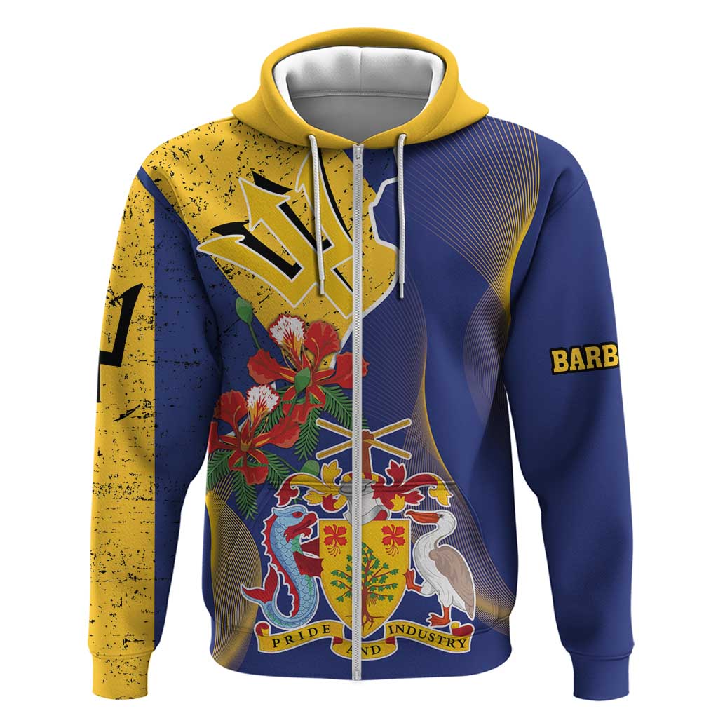 Barbados Coat Of Arms Zip Hoodie With Dwarf Poinciana Flowers - Wonder Print Shop