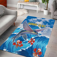 Blue area rug with flying fish, waves, red flowers, and “YOUR TEXT” banner
