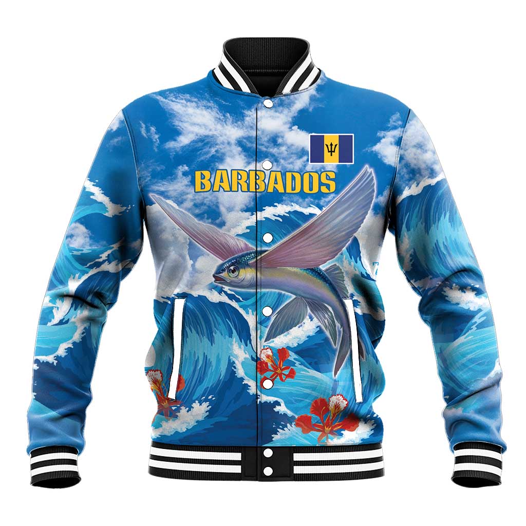 Blue bomber baseball jacket with button front, striped collar, flying fish ocean print, 'BARBADOS'