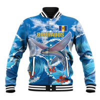 Blue bomber baseball jacket with button front, striped collar, flying fish ocean print, 'BARBADOS'