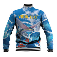 Blue bomber baseball jacket, striped rib collar and cuffs, flying fish ocean print, 'YOUR TEXT' back